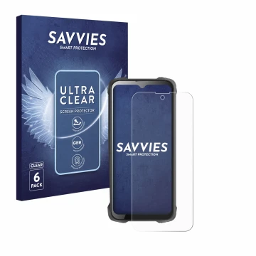 Face avant d’un emballage produit avec le logo de la marque Savvies. À côté, l’appareil Cubot King Kong 9 est représenté avec 
