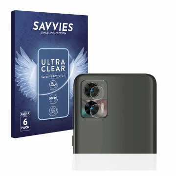Face avant d’un emballage produit avec le logo de la marque Savvies. À côté, l’appareil Motorola Edge 30 Neo (Caméra UNIQUEMEN