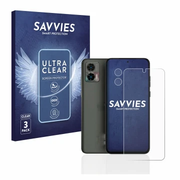 Face avant d’un emballage produit avec le logo de la marque Savvies. À côté, l’appareil Motorola Edge 30 Neo (Avant+Caméra) es