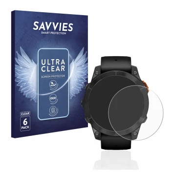 Face avant d’un emballage produit avec le logo de la marque Savvies. À côté, l’appareil Garmin Fenix 7 Pro Solar (47 mm) est r