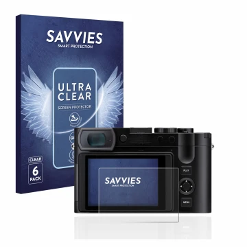 Face avant d’un emballage produit avec le logo de la marque Savvies. À côté, l’appareil Leica Q3 est représenté avec la protec