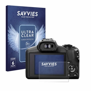 Face avant d’un emballage produit avec le logo de la marque Savvies. À côté, l’appareil Canon EOS R100 est représenté avec la 