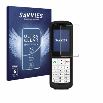 Face avant d’un emballage produit avec le logo de la marque Savvies. À côté, l’appareil Unify OpenScape DECT Phone R6 est repr