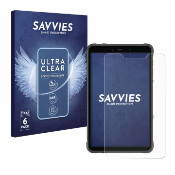 Face avant d’un emballage produit avec le logo de la marque Savvies. À côté, l’appareil Ulefone Armor Pad 8 est représenté ave