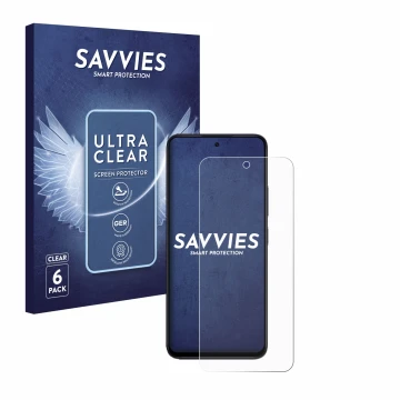 Face avant d’un emballage produit avec le logo de la marque Savvies. À côté, l’appareil Xiaomi Redmi 12 est représenté avec la