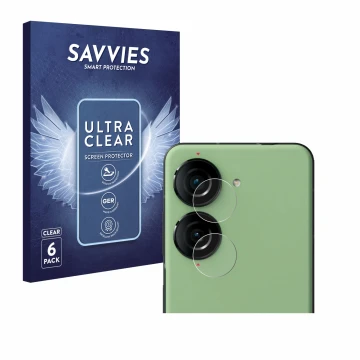 Face avant d’un emballage produit avec le logo de la marque Savvies. À côté, l’appareil ASUS ZenFone 10 (Caméra UNIQUEMENT) es