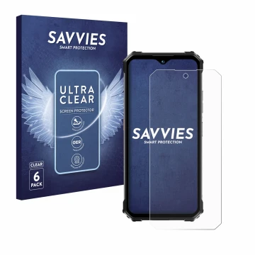 Face avant d’un emballage produit avec le logo de la marque Savvies. À côté, l’appareil Oukitel WP26 est représenté avec la pr