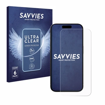 Face avant d’un emballage produit avec le logo de la marque Savvies. À côté, l’appareil Apple iPhone 15 Pro est représenté ave