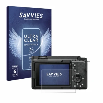 Face avant d’un emballage produit avec le logo de la marque Savvies. À côté, l’appareil Sony Alpha ZV-E1 est représenté avec l