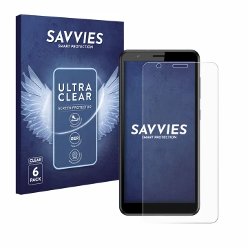 Face avant d’un emballage produit avec le logo de la marque Savvies. À côté, l’appareil ZTE Blade A31 est représenté avec la p