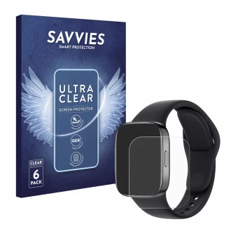 Face avant d’un emballage produit avec le logo de la marque Savvies. À côté, l’appareil Xiaomi Redmi Watch 3 est représenté av