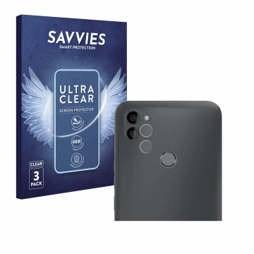 Face avant d’un emballage produit avec le logo de la marque Savvies. À côté, l’appareil Gigaset GS5 Lite (Avant+Caméra) est re