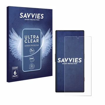 Face avant d’un emballage produit avec le logo de la marque Savvies. À côté, l’appareil ZTE Nubia Red Magic 8S Pro est représe