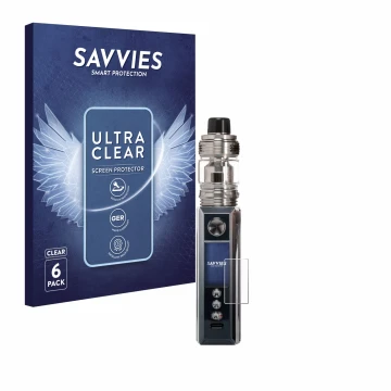 Face avant d’un emballage produit avec le logo de la marque Savvies. À côté, l’appareil Voopoo Drag M100S est représenté avec 