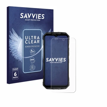 Face avant d’un emballage produit avec le logo de la marque Savvies. À côté, l’appareil Doogee V30T est représenté avec la pro
