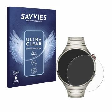 Face avant d’un emballage produit avec le logo de la marque Savvies. À côté, l’appareil Huawei Watch 4 Pro est représenté avec