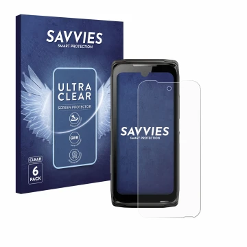 Face avant d’un emballage produit avec le logo de la marque Savvies. À côté, l’appareil Crosscall Core-Z5 est représenté avec 