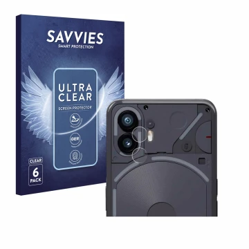 Face avant d’un emballage produit avec le logo de la marque Savvies. À côté, l’appareil Nothing Phone (2) (Caméra UNIQUEMENT) 