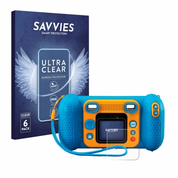 Face avant d’un emballage produit avec le logo de la marque Savvies. À côté, l’appareil Vtech Kidizoom Kid 4 est représenté av