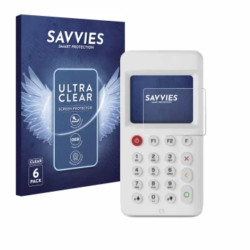 Face avant d’un emballage produit avec le logo de la marque Savvies. À côté, l’appareil myPOS Go 2 est représenté avec la prot