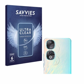 Face avant d’un emballage produit avec le logo de la marque Savvies. À côté, l’appareil Honor 90 (Caméra UNIQUEMENT) est repré
