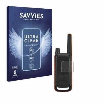 Face avant d’un emballage produit avec le logo de la marque Savvies. À côté, l’appareil Motorola Talkabout T82 est représenté 