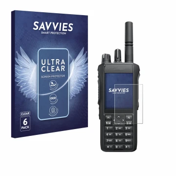 Face avant d’un emballage produit avec le logo de la marque Savvies. À côté, l’appareil Motorola Mototrbo R7 est représenté av