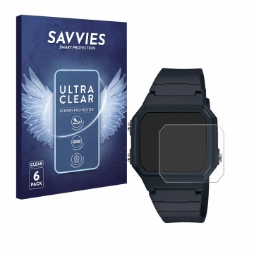 Face avant d’un emballage produit avec le logo de la marque Savvies. À côté, l’appareil Casio W-217H-1AVCF est représenté avec