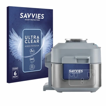 Face avant d’un emballage produit avec le logo de la marque Savvies. À côté, l’appareil Ninja Speedi Rapid Cooking System est 