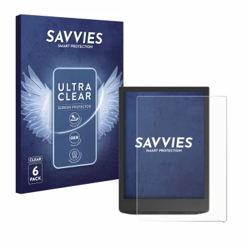 Face avant d’un emballage produit avec le logo de la marque Savvies. À côté, l’appareil PocketBook InkPad 4 est représenté ave