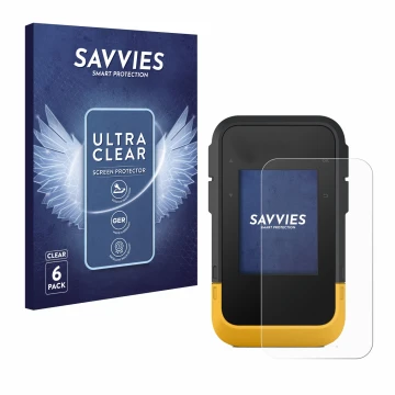 Face avant d’un emballage produit avec le logo de la marque Savvies. À côté, l’appareil Garmin eTrex SE est représenté avec la