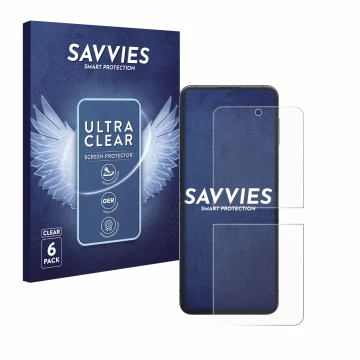 Face avant d’un emballage produit avec le logo de la marque Savvies. À côté, l’appareil Samsung Galaxy Z Flip 5 est représenté