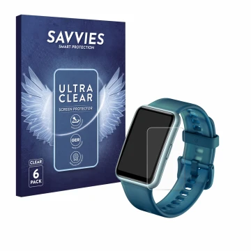Face avant d’un emballage produit avec le logo de la marque Savvies. À côté, l’appareil Huawei Watch Fit Special Edition est r