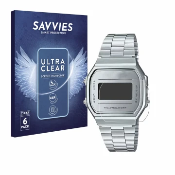 Face avant d’un emballage produit avec le logo de la marque Savvies. À côté, l’appareil Casio A168WEM-7EF est représenté avec 