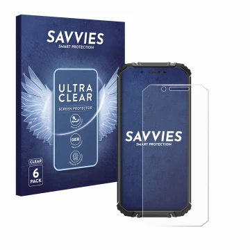 Face avant d’un emballage produit avec le logo de la marque Savvies. À côté, l’appareil Oukitel WP18 est représenté avec la pr