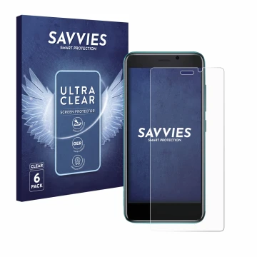 Face avant d’un emballage produit avec le logo de la marque Savvies. À côté, l’appareil Cubot J 20 est représenté avec la prot