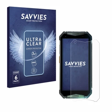 Face avant d’un emballage produit avec le logo de la marque Savvies. À côté, l’appareil Ulefone Armor 20WT est représenté avec