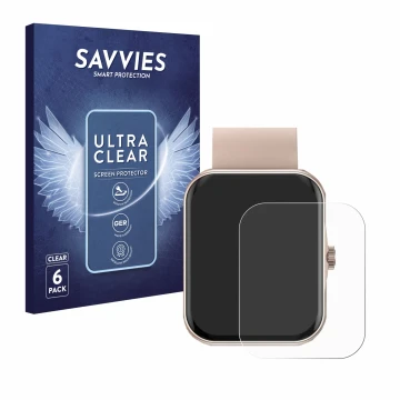 Face avant d’un emballage produit avec le logo de la marque Savvies. À côté, l’appareil Mutoy Smartwatch 1.83