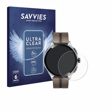 Face avant d’un emballage produit avec le logo de la marque Savvies. À côté, l’appareil Xiaomi Watch 2 Pro est représenté avec