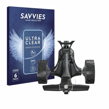 Face avant d’un emballage produit avec le logo de la marque Savvies. À côté, l’appareil Motocaddy M7 GPS Electric Trolley est 