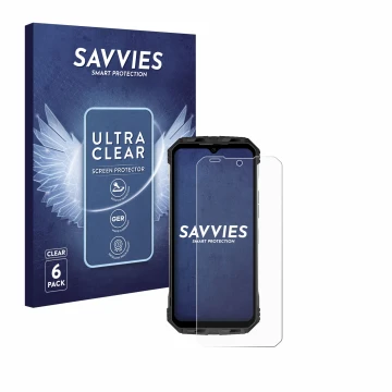 Face avant d’un emballage produit avec le logo de la marque Savvies. À côté, l’appareil Doogee S110 est représenté avec la pro