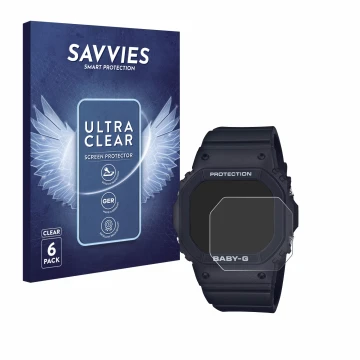 Face avant d’un emballage produit avec le logo de la marque Savvies. À côté, l’appareil Casio Baby-G BGD-565 est représenté av