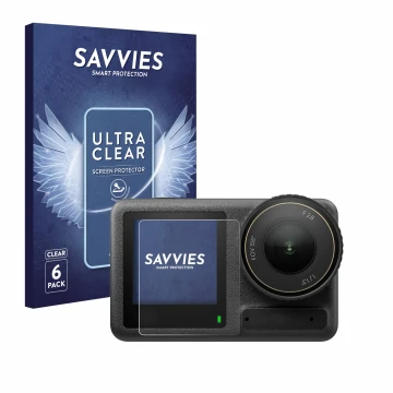 Face avant d’un emballage produit avec le logo de la marque Savvies. À côté, l’appareil DJI Osmo Action 4 (Affichage avant) es