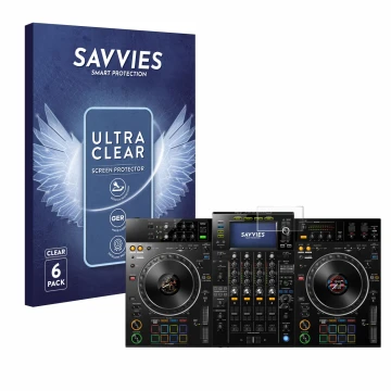 Face avant d’un emballage produit avec le logo de la marque Savvies. À côté, l’appareil Pioneer XDJ -XZ est représenté avec la