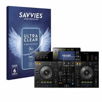 Face avant d’un emballage produit avec le logo de la marque Savvies. À côté, l’appareil Pioneer XDJ -RR est représenté avec la