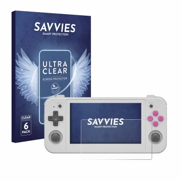 Face avant d’un emballage produit avec le logo de la marque Savvies. À côté, l’appareil Anbernic RG505 est représenté avec la 