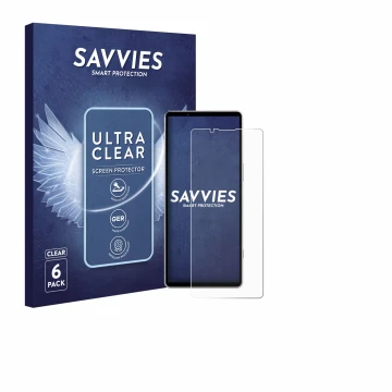 Face avant d’un emballage produit avec le logo de la marque Savvies. À côté, l’appareil Sony Xperia 5 V est représenté avec la