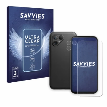 Face avant d’un emballage produit avec le logo de la marque Savvies. À côté, l’appareil Fairphone 5 (Avant+Caméra) est représe