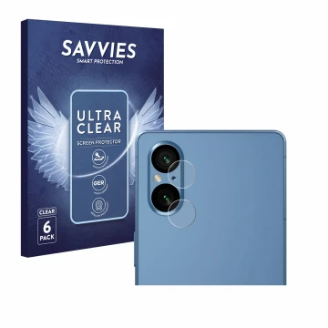 Face avant d’un emballage produit avec le logo de la marque Savvies. À côté, l’appareil Sony Xperia 5 V (Caméra UNIQUEMENT) es