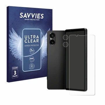 Face avant d’un emballage produit avec le logo de la marque Savvies. À côté, l’appareil Sony Xperia 5 V (Avant+Caméra) est rep